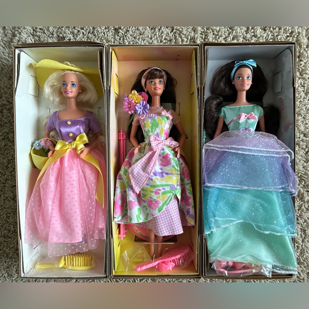 New Avon Special Edition Spring Blossom, Petals, Tea Party set of 3 Barbie dolls